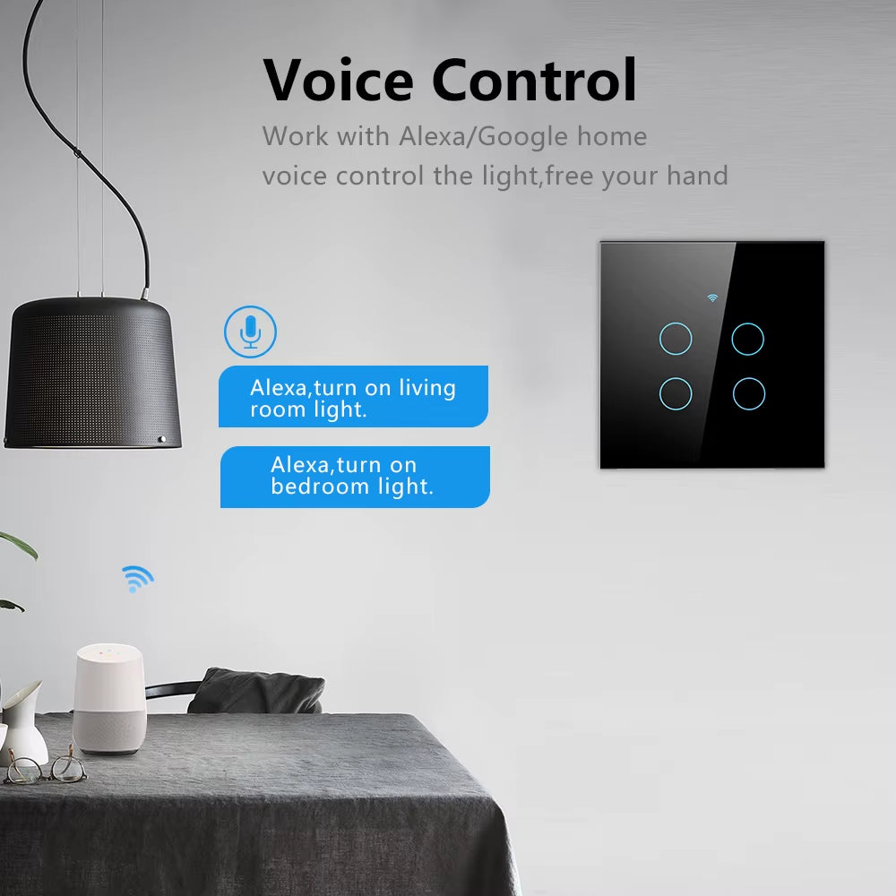 Tuya Wifi Smart Touch Light EU Switch Wireless Remote LED Light Switches No Neutral Wire Required 1-4 Gang Alexa Google Home