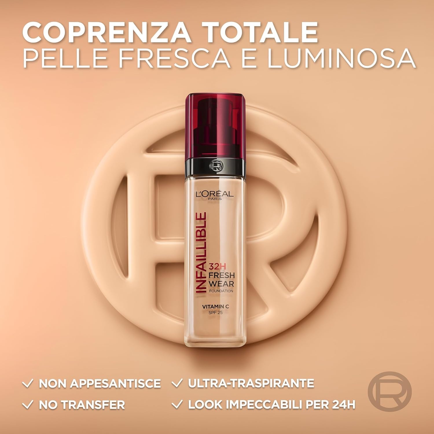 Fondotinta Liquido Infaillible 32H, Coprente a Lunga Tenuta Con Protezione Solare SPF25, Formula Waterproof E Idratante, Tonalità: 235 Miel