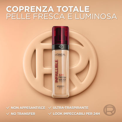 Fondotinta Liquido Infaillible 32H, Coprente a Lunga Tenuta Con Protezione Solare SPF25, Formula Waterproof E Idratante, Tonalità: 235 Miel